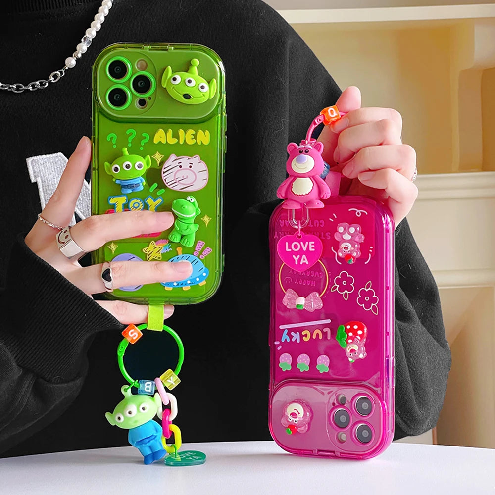 Cartoon 3D Doll Toy Story Alien Lotso Candy Color Mirror Stand Holder Phone Case For iPhone 7 8 11 12 13 14 15 16 17 Plus Pro