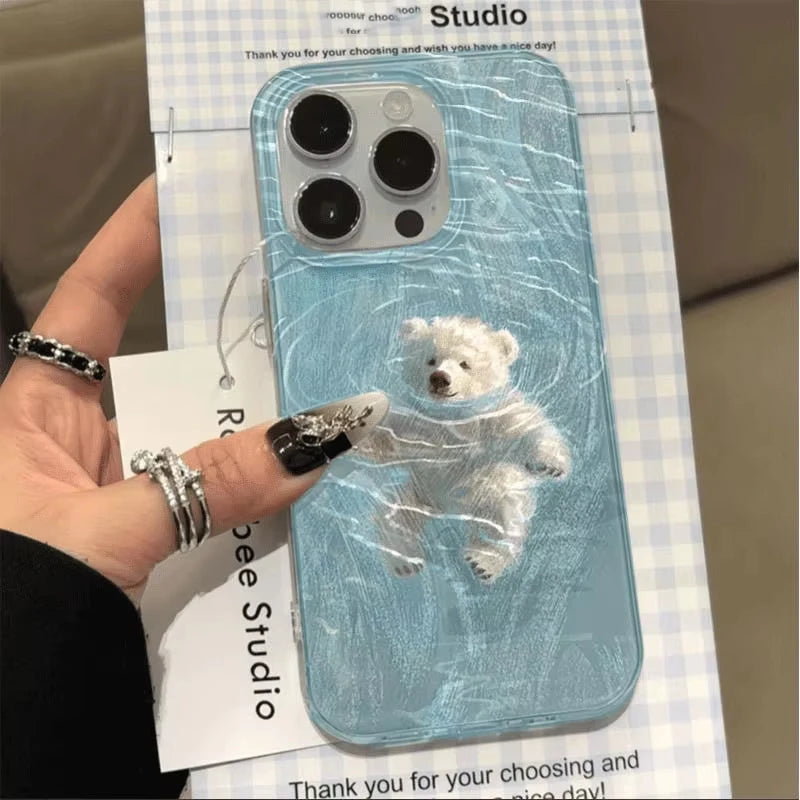 Summer Fresh Cute Swimming Bear Cartoon Creative Kawaii Phone Case For iPhone 17 16 15 14 13 12 11 Pro Max 7 8 Plus Y2K Cover