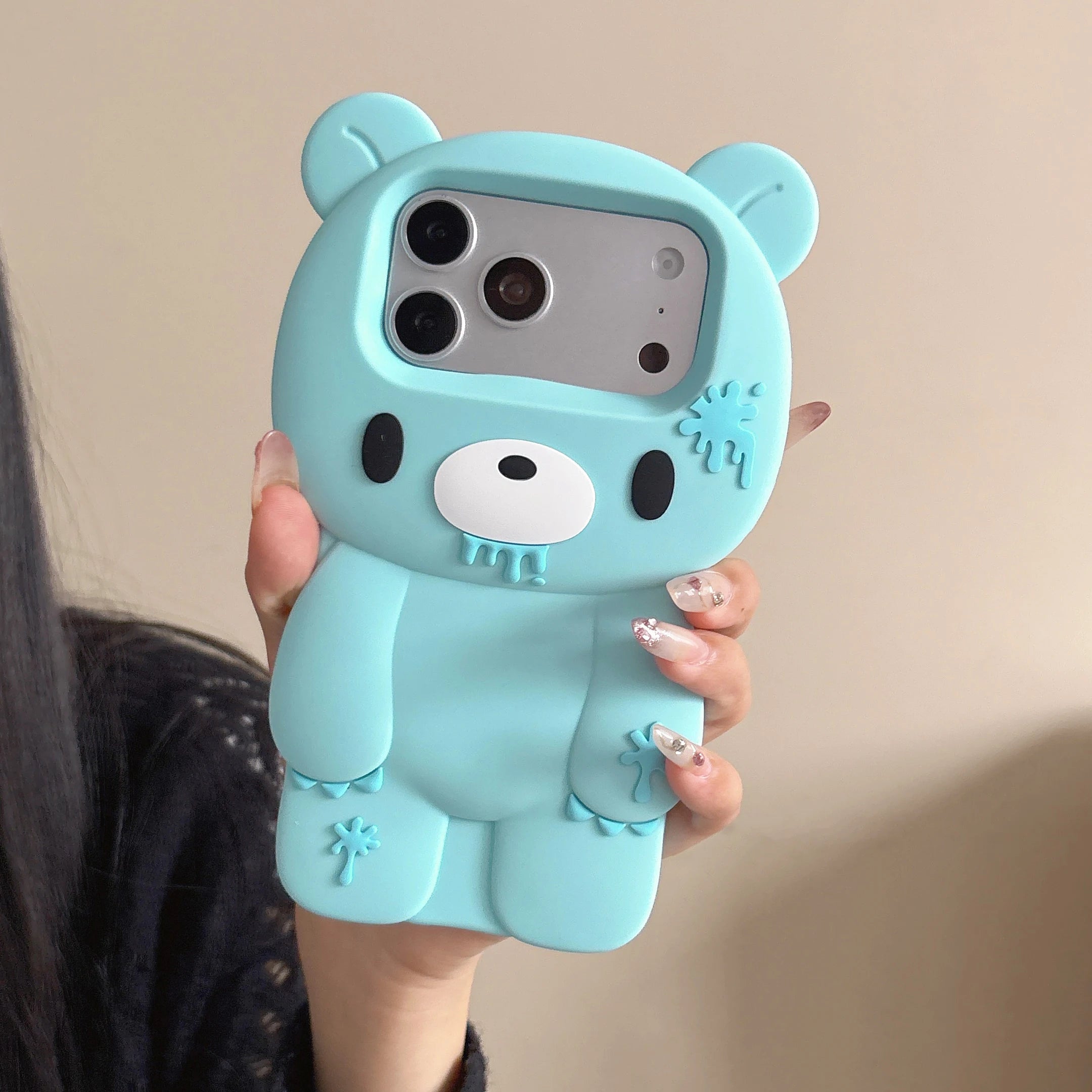 3D Cartoon Cute Blue Unique Bloody Design Bear For iPhone 16 Plus 17 Pro Max 15 14 13 12 Pro Max Phone Case Soft Silicone Cover