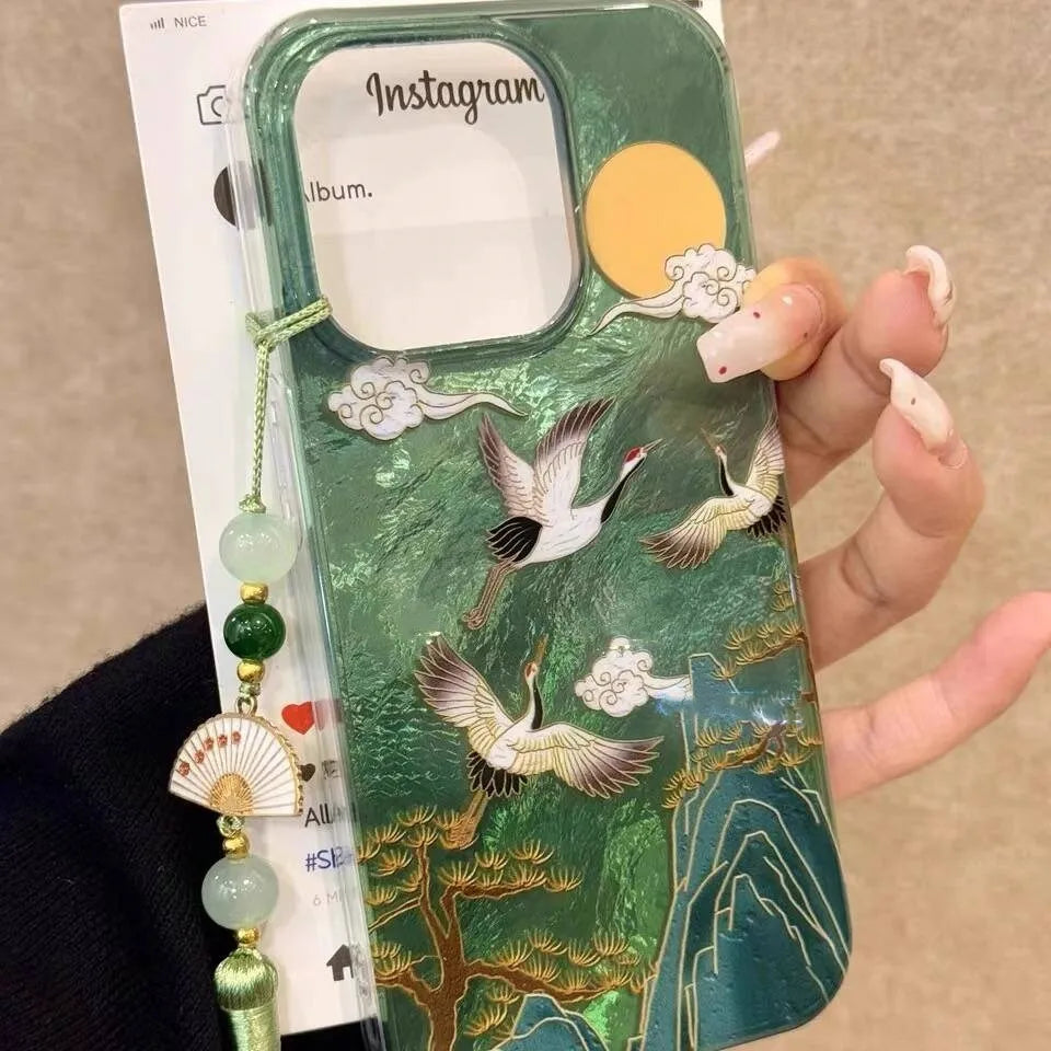 Auspicious INS Green Mountain Chinese Style Phone Case For iPhone 17AIR 17 16 15 14 13 12 11 Pro Max 7 8 Plus Mini Y2K Cover