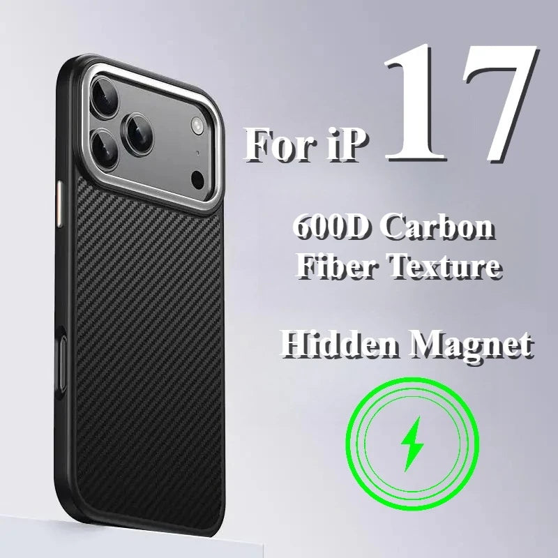 600D Carbon Fiber Texture for Magsafe Case for IPhone 17 Pro Max 17 Air 16 15 Plus Magnetic Wireless Charging Metal Lens Cover