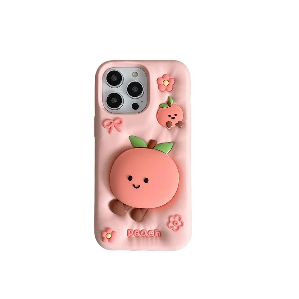 Kawaii Summer Fruit Floral Peach Bracket Soft Silicone Case Stand Holder Shockproof Cover for iPhone 17 16 15 14 13 12 Pro Max