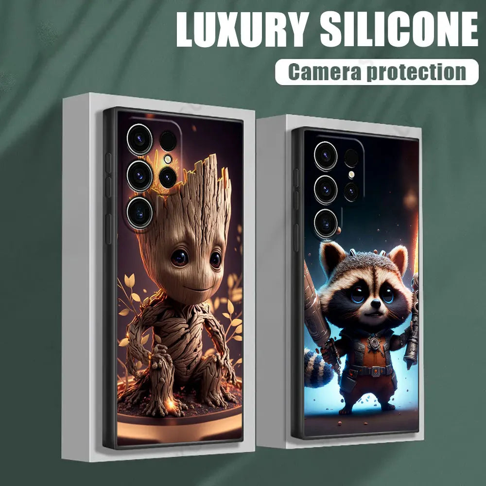 Cute Marvel Baby Groot Rocket Phone Case for Samsung Galaxy S26 S25 Ultra S24 S23 Ultra S22 Plus S21 S20 S21 FE S26 Ultra Funda