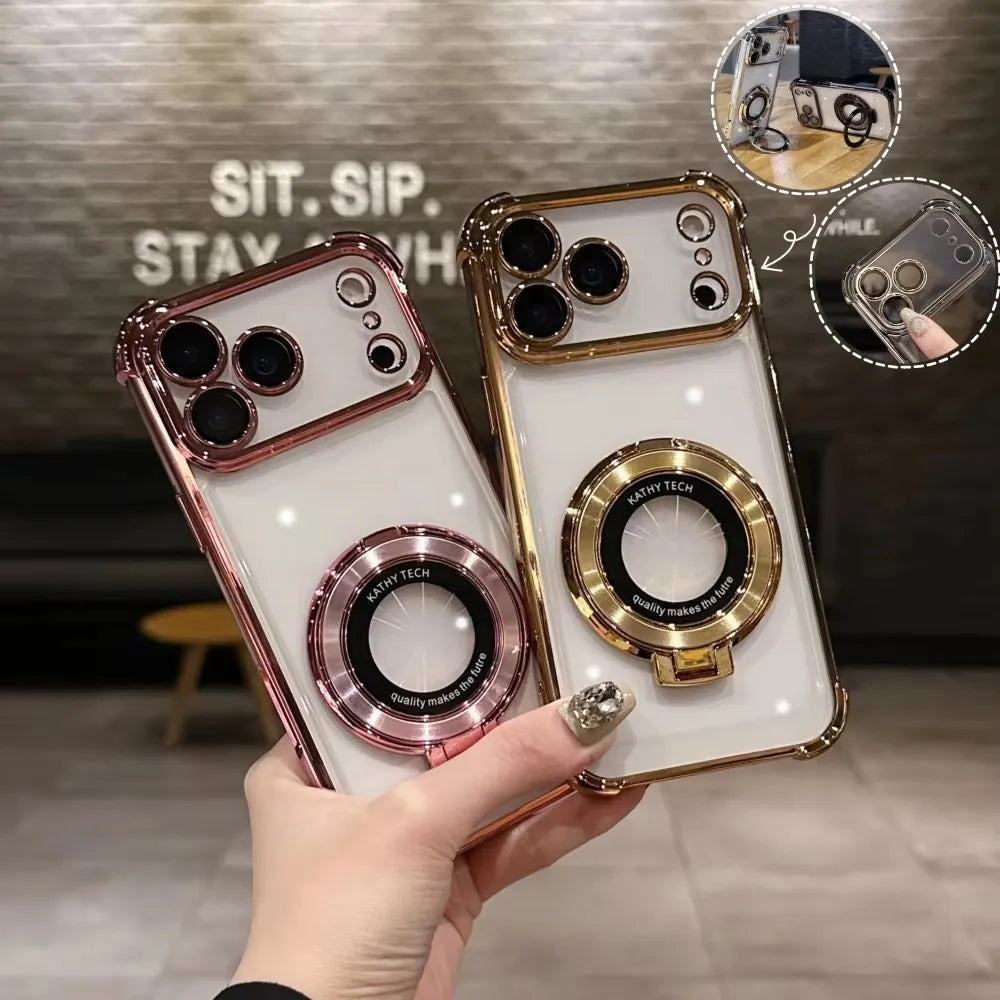 Luxury Plating Magnetic Bracket Phone Case For iPhone 17 Air 16 15 14 Plus 13 12 11 Pro Max Shockproof Holder Stand Back Cover