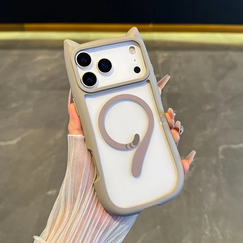 For Magsafe Cartoon Cat Ear Transparent PC Case for iPhone 17 16 Pro Max 14 15 Plus 13 12 11 Magnetic Wireless Charging Cover