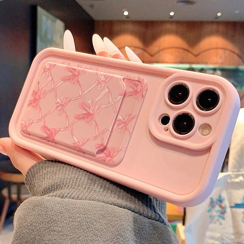 Pink Bow Pattern Card Slot Pocket Phone Case For iPhone 17 Pro Max 16 15 14 13 12 11 Pro 7 8 Plus X XS Shockproof Silicone Cover