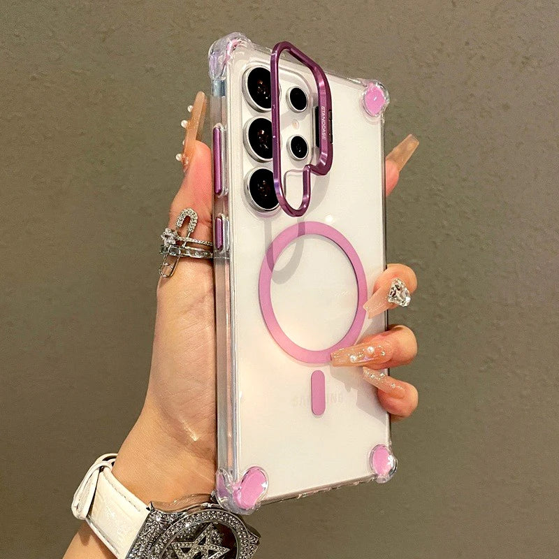 Luxury Transparent Case For Samsung Galaxy A56 A36 A16 A17 A26 S25 S24 S23 Ultra Plus FE For Magsafe Wireless Charge Stand Cover