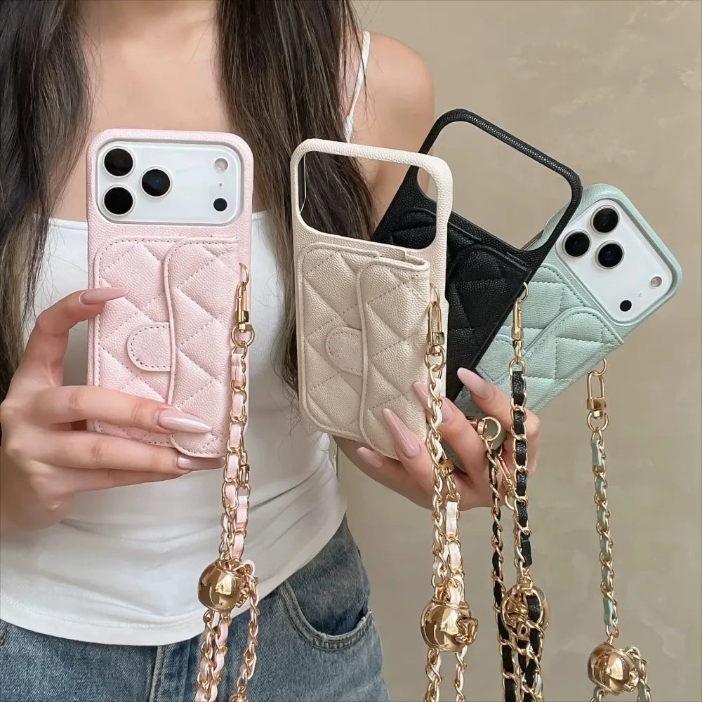 Adjustable Lanyard Shoulder Strap Luxury Leather Crossbody Case Card Holder Wallet for IPhone 13 14 15 16 17 Pro Max(No Logo)