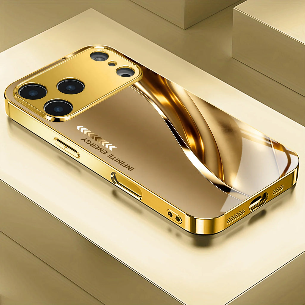 New electroplated glass phone case with metal curve design, suitable for iPhone 17, 16, 15, 14, 13, 12, 11, etc.