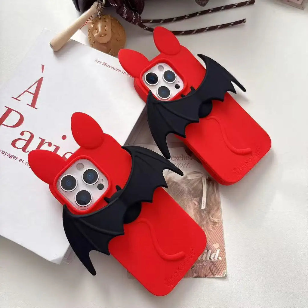 Cute 3D Cartoon Red Bat Case For iPhone 17 16 15 14 13 12 Pro Max 17ProMax With Wing Stand Holder Anti Fall Silicone Cover