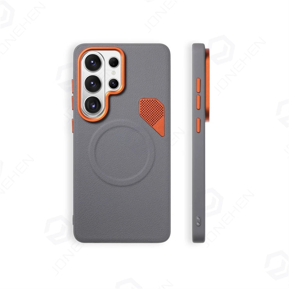Orange Vent Magnetic Suction Ring Lens Heightening Case For Samsung Galaxy S24 Plus S25 S26 Ultra PU Leather Cover For Magsafe