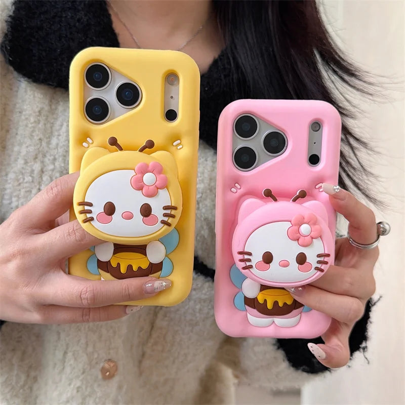 For iPhone 17 16 15 14 13 12 11 Pro Max Plus Sanrio Cute 3D Cartoon Bee Hello Kitty Phone Case Stand Holder Silicone Cover