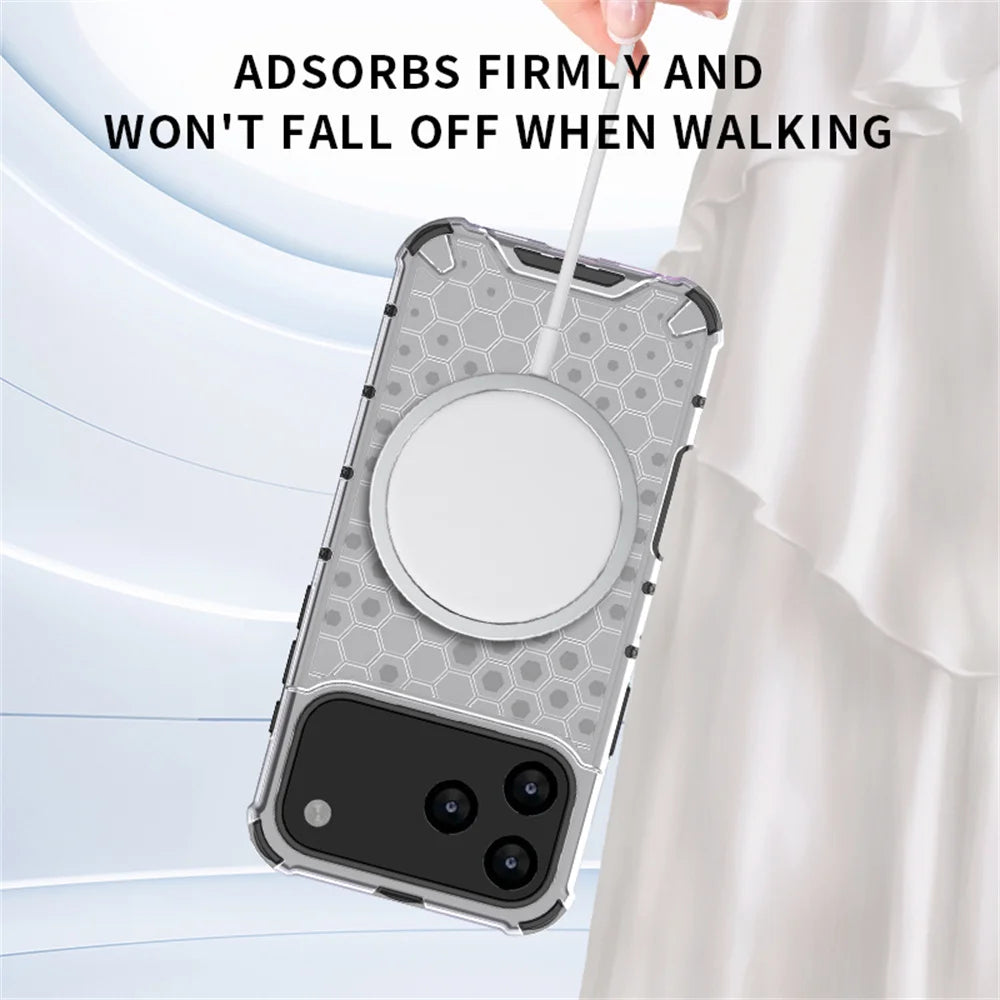 Luxury Clear Honeycomb Armour Magnetic Case for iPhone 17 Air 16 15 14 13 12 11 Pro Max 16E Shockproof Bumper Protective Cover