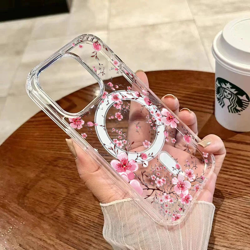 Flower Peach Blossom Phone Case For iPhone 15 14 17 13 12 11 16 Pro Max For Magsafe Shockproof Transparent Silicone Soft Funda