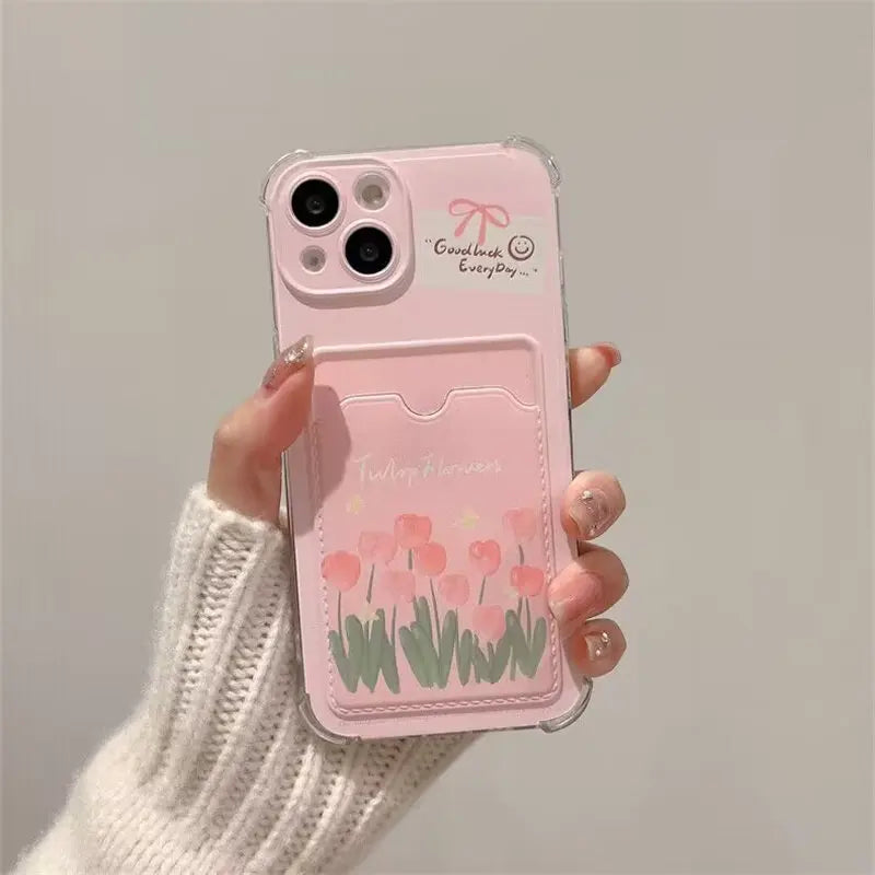 Case For iPhone 16E 16 Pro Max 15 14 Plus 13 11 ProMax XR XS X 8 7 6 6S SE 4 3 2 cover Flower Photo Card Holder Wallet