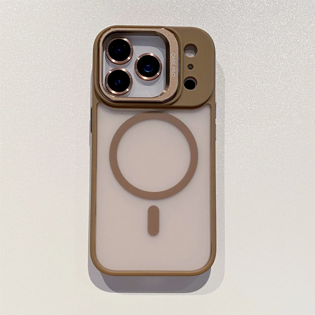 Luxury Matte Magsafe Magnetic With Lens film bracket Phone Case For iPhone 11 12 13 14 15 16 17 Air ProMax Hard PC Bumper Cover
