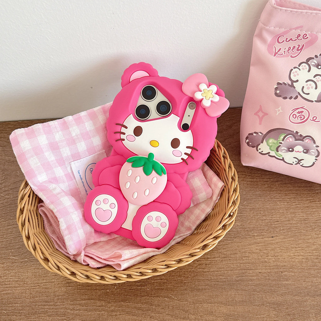 Cute Strawberry For Hello Kitty Phone Case For iPhone 17 16 15 14 13 12 Pro Max Plus Soft Silicone Shockproof Anti Drop Cover