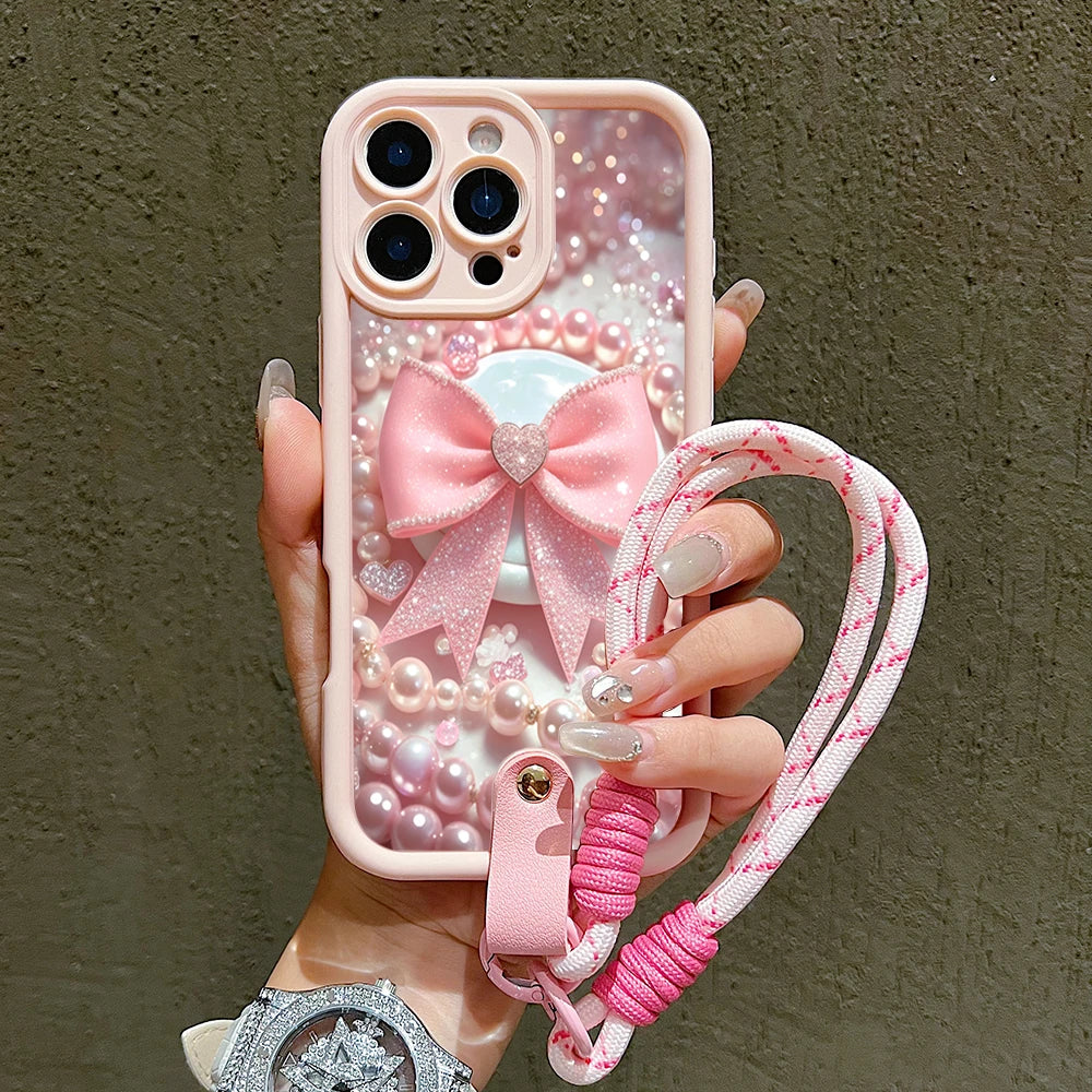 Pink Bow With Pearl Pattern Hand Strap Lanyard Phone Case For iPhone 11 12 13 14 15 16 17 Pro Max Plus 17Air XS X XR 16E Cover