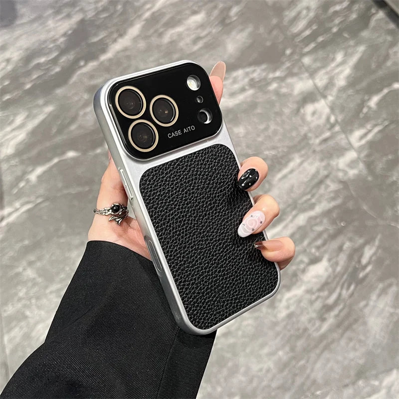 Luxury Lichee Pattern Leather Phone Case For iPhone 17 16 15 14 13 12 Pro Max Hard PC Camera Window Back Cover