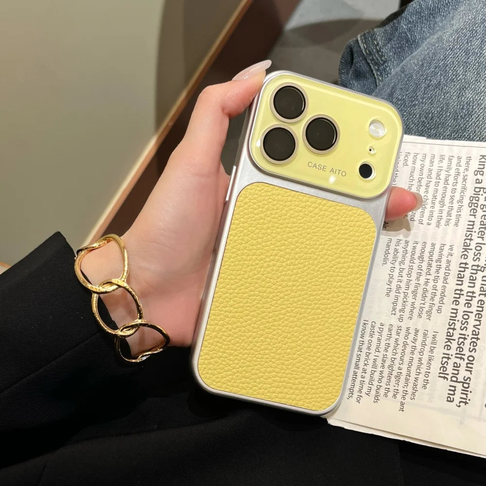 Luxury Lychee Leather PU Phone Case For iPhone 17 16 15 14 Pro Max Frosted Full Bumper Large Window Silvery Frame Non Slip Cover