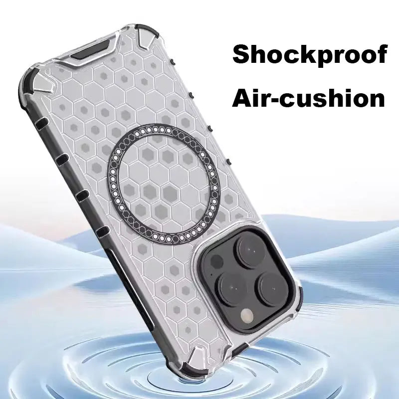 Magnetic Case for iPhone 16 15 14 13 12 11 Pro Max Plus Crystal Honeycomb Cover for Magsafe Shockproof Air-cushion Soft Shell