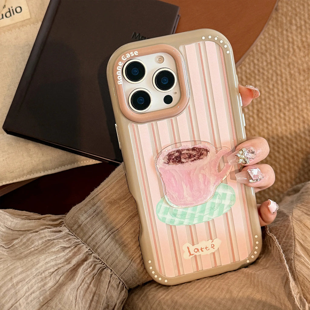 Korean Striped 3D Cartoon Dessert Cake Phone Case for iPhone 17 16 15 14 13 12 11 Pro Max XS XR Acrylic Shockproof Hard Cover