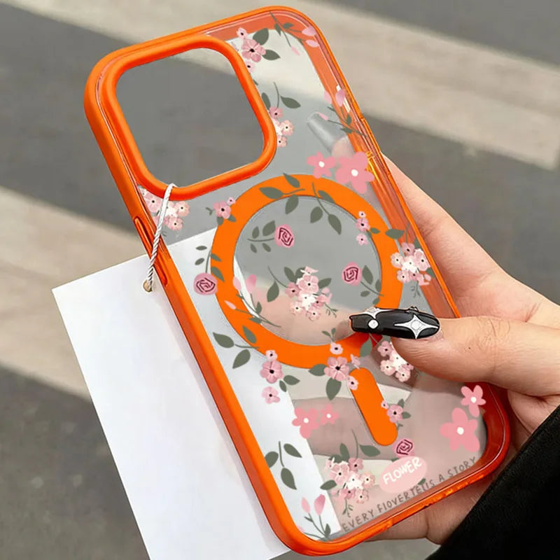 A Floral Ultra-Clear Magnetic Circular Case For iPhone 17 16 Pro Max 15 14 Plus 13 12 11 Air For Magsafe Wireless Charging Cover
