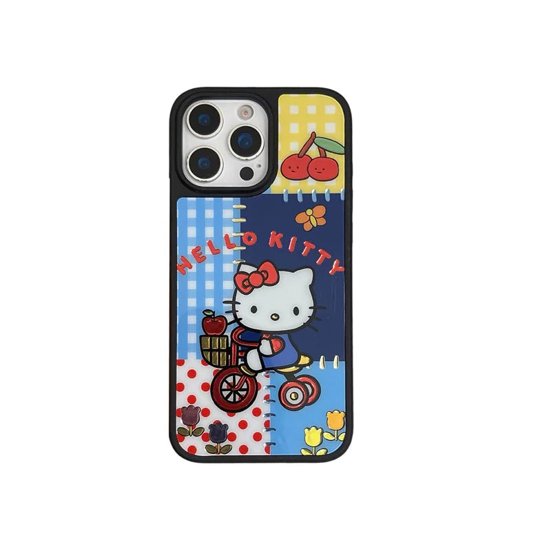 Hello Kitty Magnetic Case for iPhone 13 14 15 16 Pro Max with Popcorn & Bicycle Design, Metallic Glitter Shockproof Phone Cover