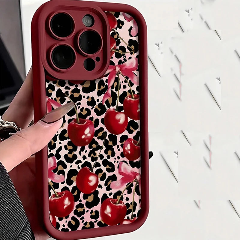 Butterfly Leopard Cherry Pattern Shockproof Silicone Phone Case For iPhone 17 16 Pro Max XS XR 7 8 14 15 Plus 13 12 11 16e Cover