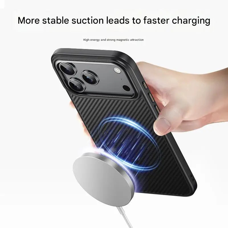 600D Carbon Fiber Texture for Magsafe Case for IPhone 17 Pro Max 17 Air 16 15 Plus Magnetic Wireless Charging Metal Lens Cover