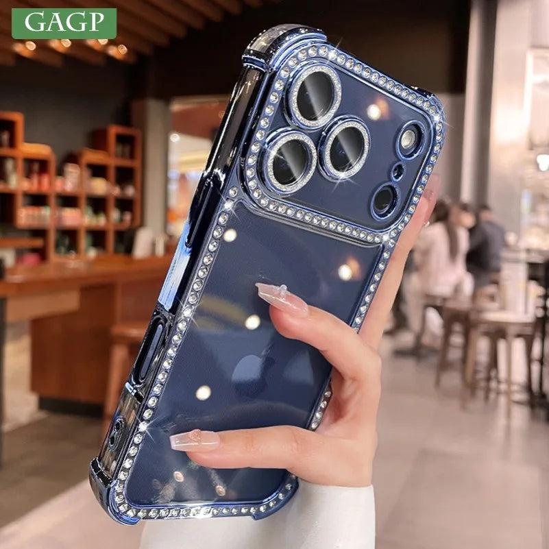 Airbag Bling Diamond Bumper Case For iPhone 17 16 15 14 13 Pro Max Glass Lens Film Transparent Plating Soft 17 16 ProMax Cover