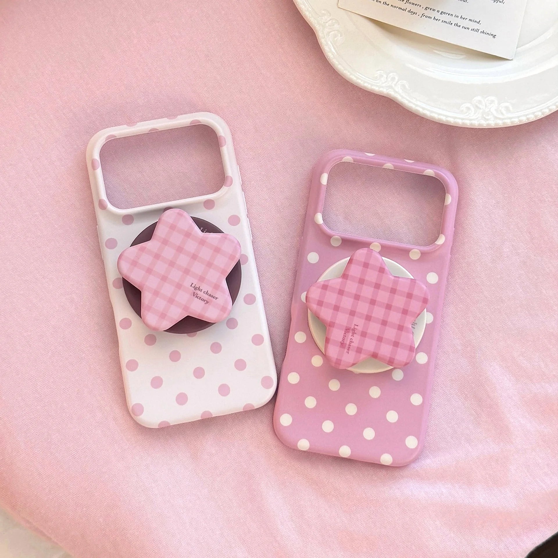 Korean Full Screen Polka Dots With Plaid Stars Magnetic Bracket Phone Case for iPhone 17 16 15 14 Pro Max Shockproof Soft Cover