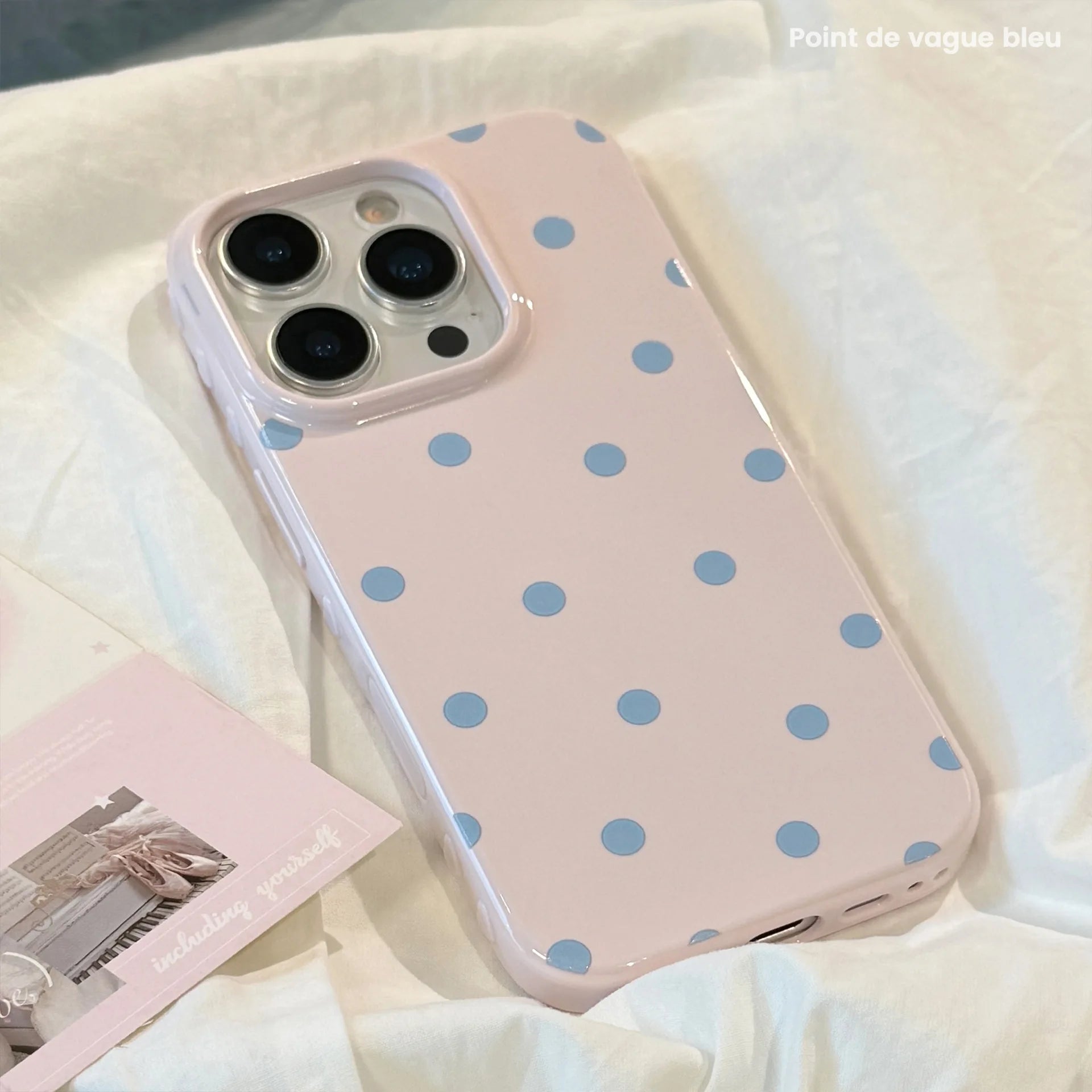 Korean Simple Full Screen Pink Blue Polka Dots Soft Phone Case For iPhone 16 15 14 13 12 17 Pro Max Shockproof Protective Cover