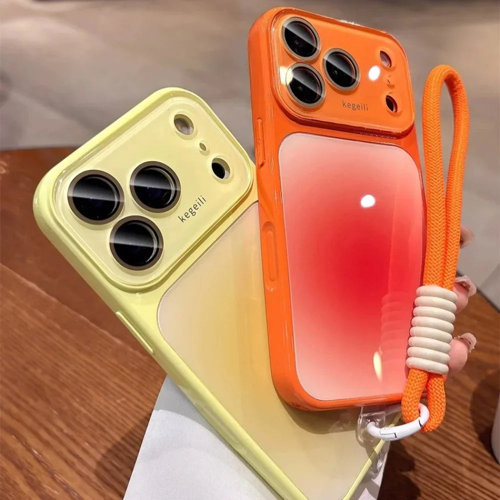 Fashion Candy Gradient Color Case for iPhone 17 16 15 14 13 12 Pro Max with Anti Slip Lanyard Big Windows Lens Protection Cover
