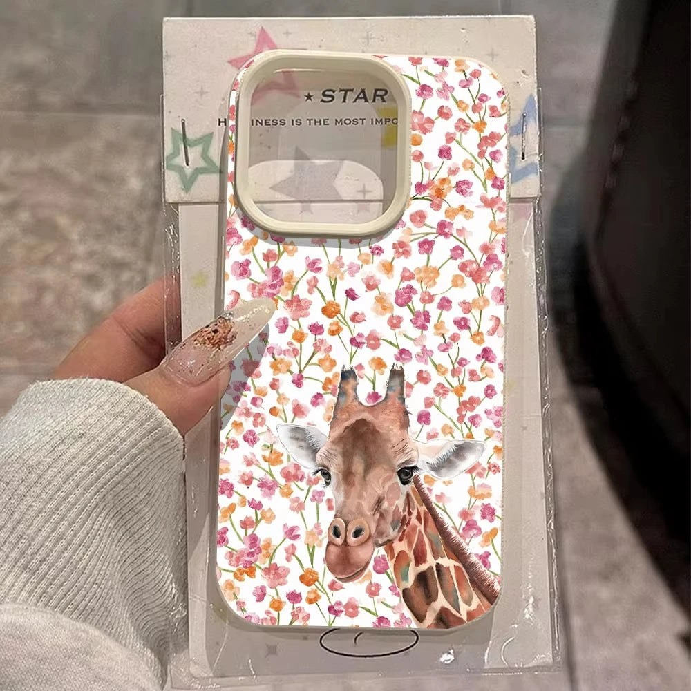 Cute Giraffe Pink Floral Phone Case For iPhone 17 16 15 14 13 12 11 Pro Max Romantic Flower Pattern Phone Case For Girls