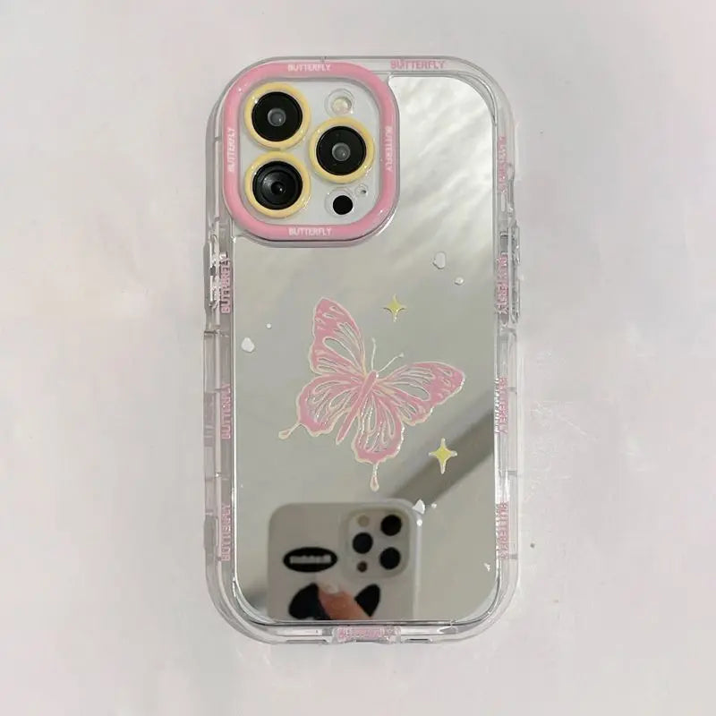Lovely Love Butterfly Makeup Mirror Case For iPhone 17 Air 16 15 14 13 12 Pro Max 16 Plus Silicone Bumper Cute Back Covers Y2k