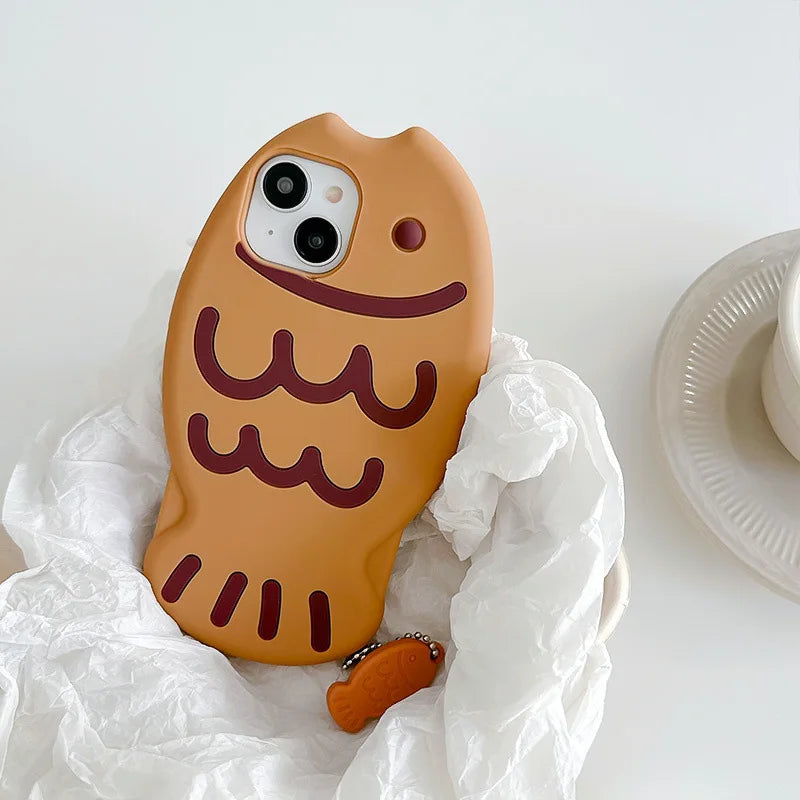 Cute Cartoon Animal 3D Taiyaki Fish Silicone Phone Case For iPhone 17Air 15 14 13 12 16 Pro Max With Pendant Shockproof Cover