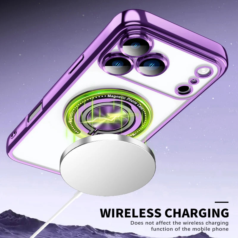For Magsafe Magnetic 360°Rotat Metal Holder Ring Plating Border Phone Case For iPhone 17 Pro Max Air 15 11 12 13 14 16 Pro Max E