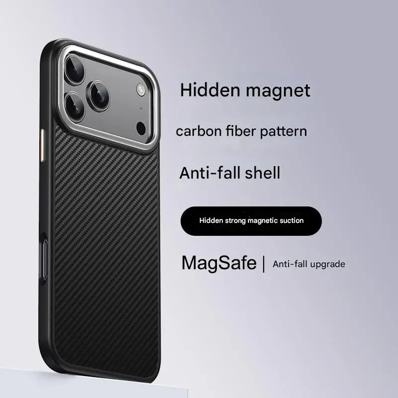 600D Carbon Fiber Texture for Magsafe Case for IPhone 17 Pro Max 17 Air 16 15 Plus Magnetic Wireless Charging Metal Lens Cover