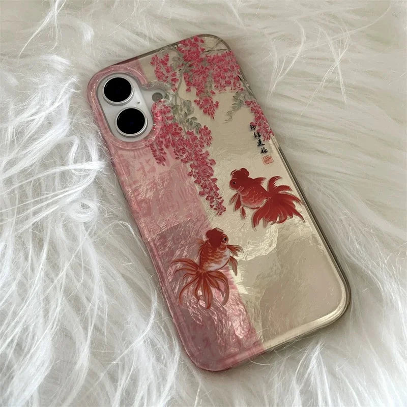 Vortex pattern painted calligraphy flower branch koi phone case with koi pendant for iPhone 11 12 13 14 15 16 17 pro max