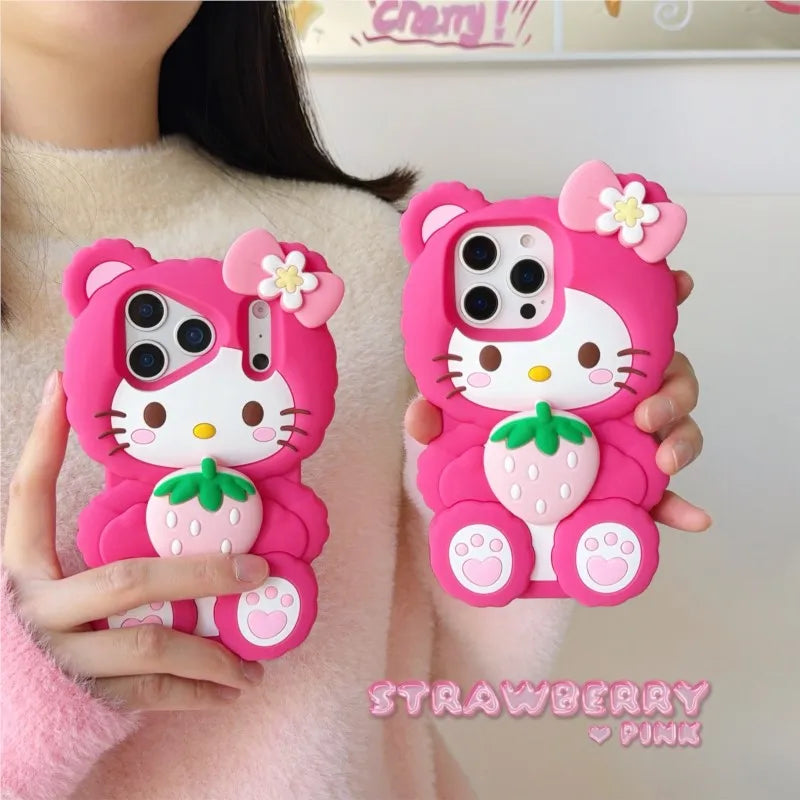 Lovely Strawberry Sanrio 3D Cartoon Hello Kitty Phone Case For iPhone 17 16 15 14 13 12 Pro Max Plus 17 hockproof Silicone Cover