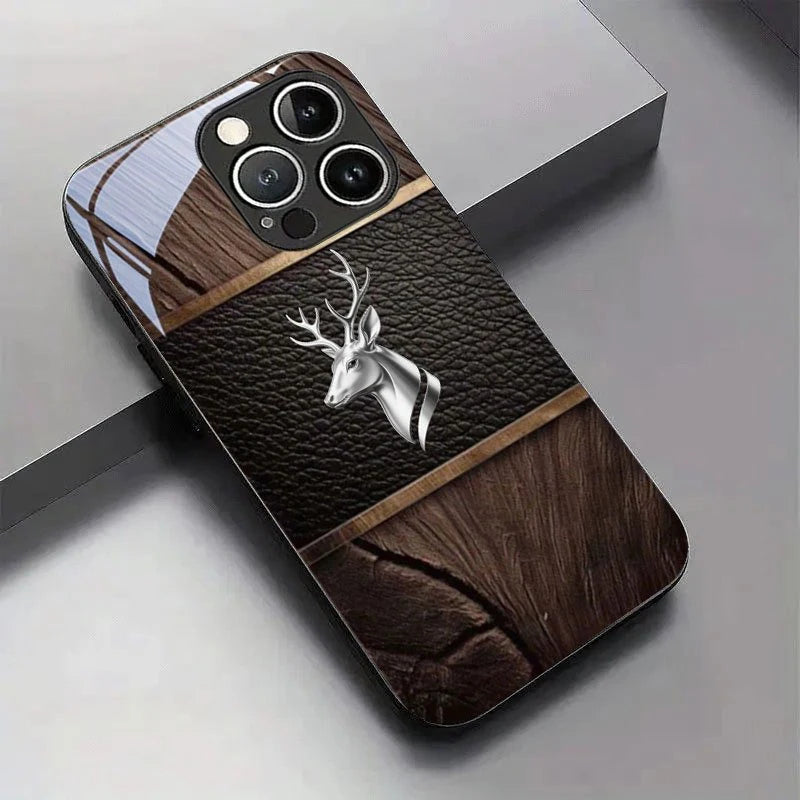 Curved Deer Head Pattern Tempered Glass Black Phone Case For Samsung Galaxy S25 S24 S23 Ultra Plus FE Shockproof Cover