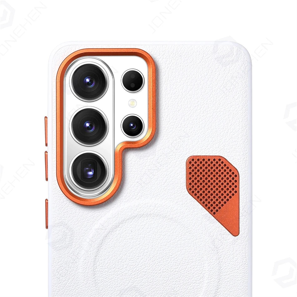 Orange Vent Magnetic Suction Ring Lens Heightening Case For Samsung Galaxy S24 Plus S25 S26 Ultra PU Leather Cover For Magsafe