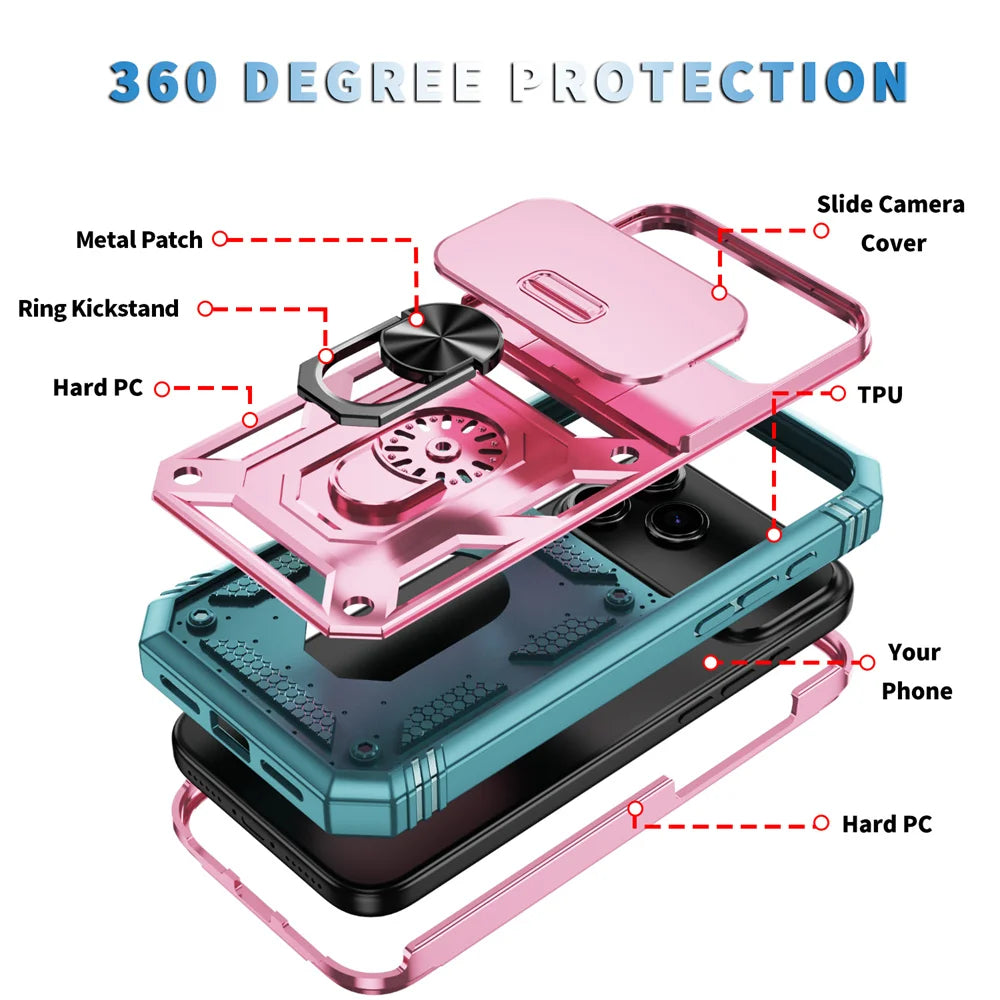 360 Ring Holder Kickstand Slide Camera Protection Phone Case for iPhone 17 Air 16 16E 15 14 Plus 13 12 11 XS X XR Pro Max Cover