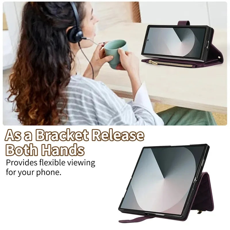 Zipper Wallet Flip Leather Phone Case For Samsung Galaxy Z Fold 7 6 5 4 S26 Ultra S25 FE S24 Plus S23 S22 S21 Multi Card Cover