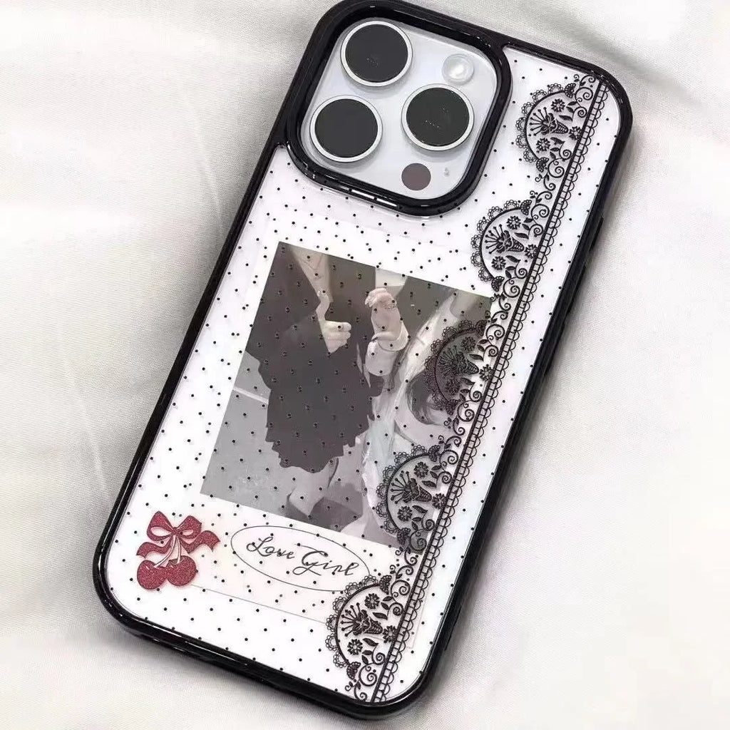 Black Polka Dots Lace Trim Cherry Phone Case For iPhone 17 AIR 16 15 14 13 12 11 Pro MAX X Xr XS 7 8 Plus Y2K Minimalism Cover