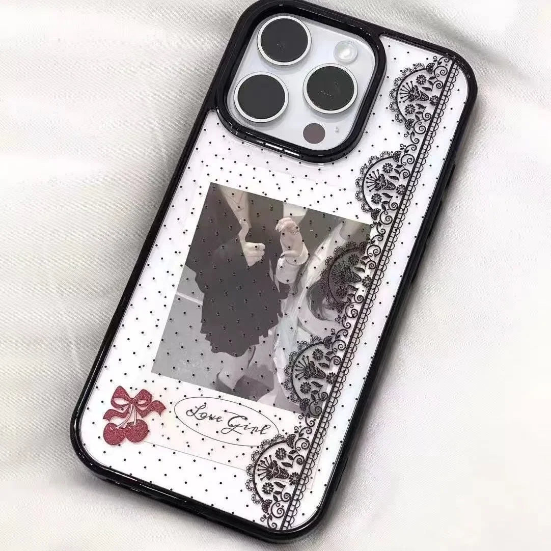 Black Polka Dots Lace Trim Cherry Phone Case For iPhone 17 AIR 16 15 14 13 12 11 Pro MAX X Xr XS 7 8 Plus Y2K Minimalism Cover