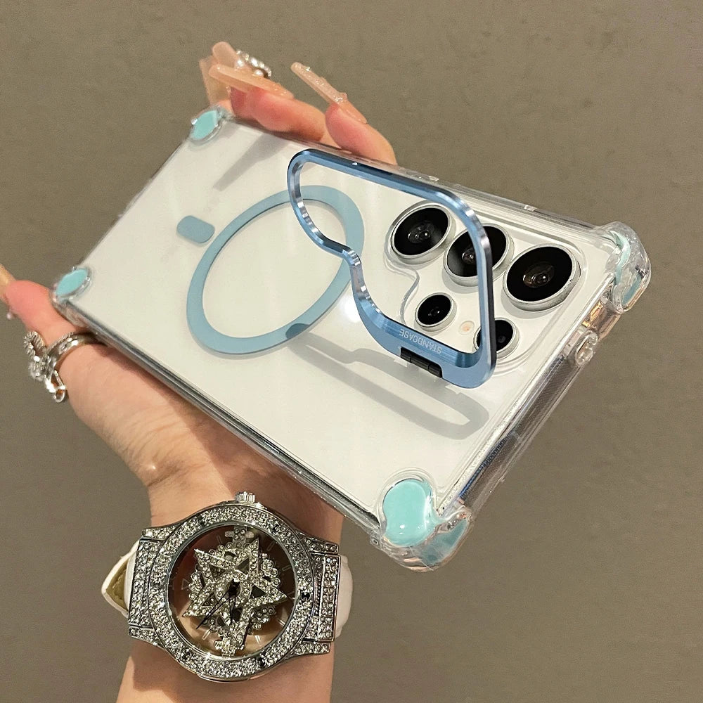 Military Armor Magnetic Clear Lens Stand Phone Case For Samsung Galaxy S24 S23 S25 Ultra For Magsafe Wireless Charge Back Cover