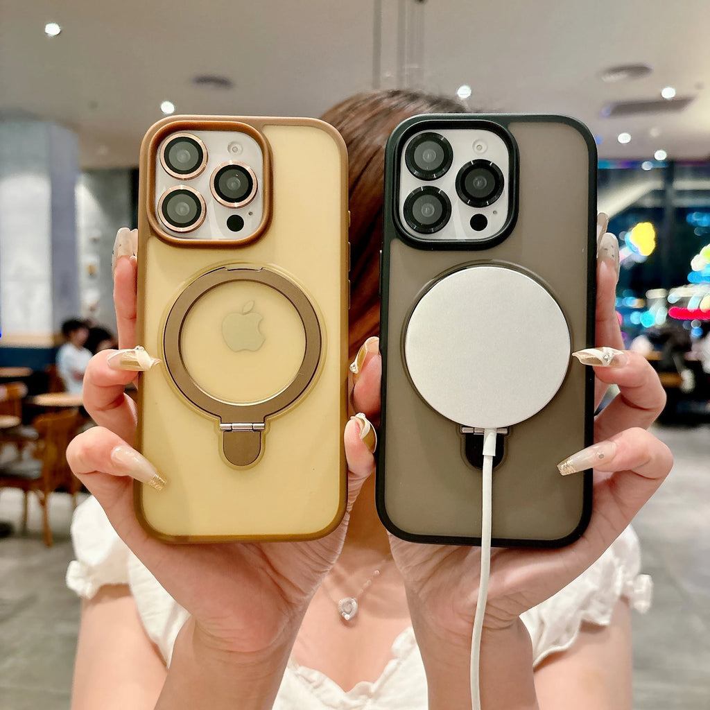 Matte Color Lens Protection Magnetic Charge Case Stand For Magsafe iPhone 17 Air 16 PM 15 Plus 14 13 12 11 Pro Max Phone Cover