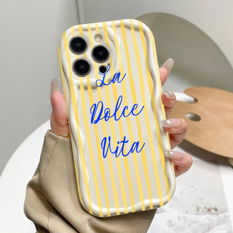 Minimalist Soft Yellow Vertical Stripe Pattern Curly Wave Phone Case For iPhone 17 16 15 14 13 12 11 Pro Max Plus 16E 17E Cover
